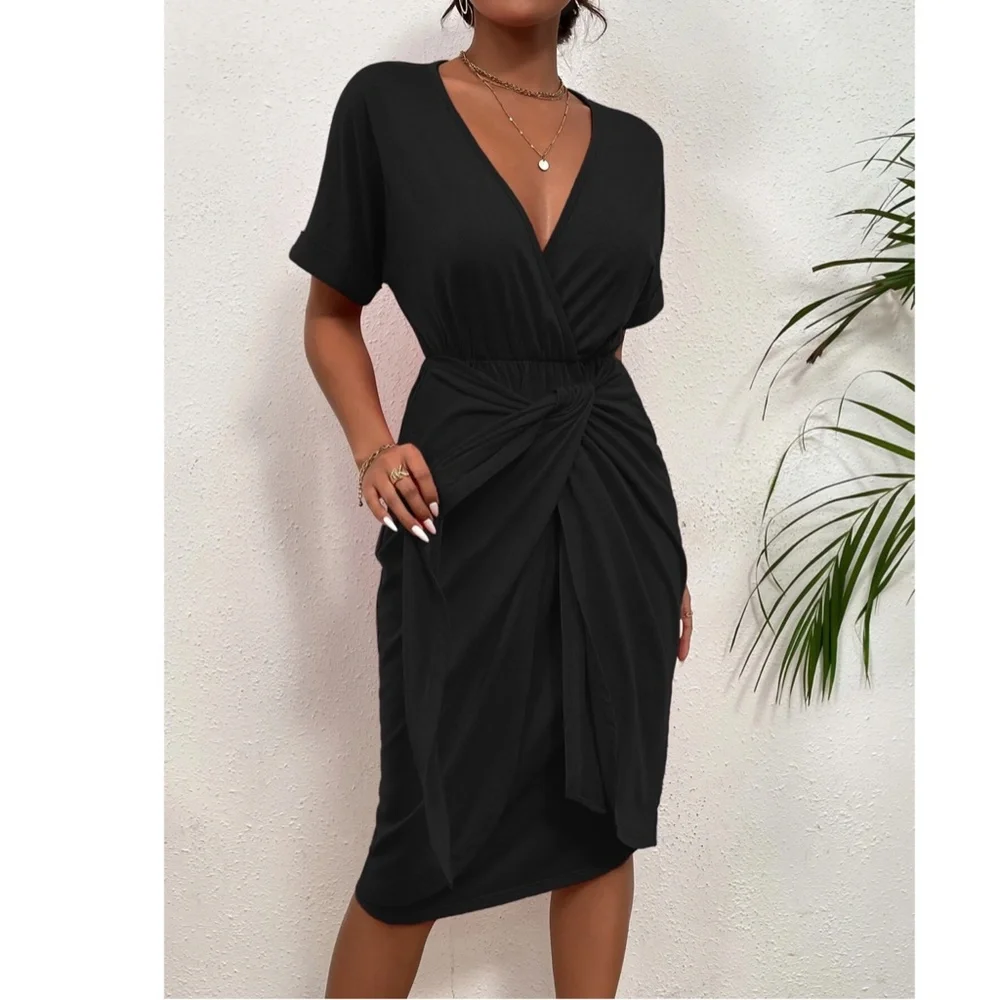 Black V-Neck Short Sleeve Tie Front Skirt Dress - Picture 2 of 7